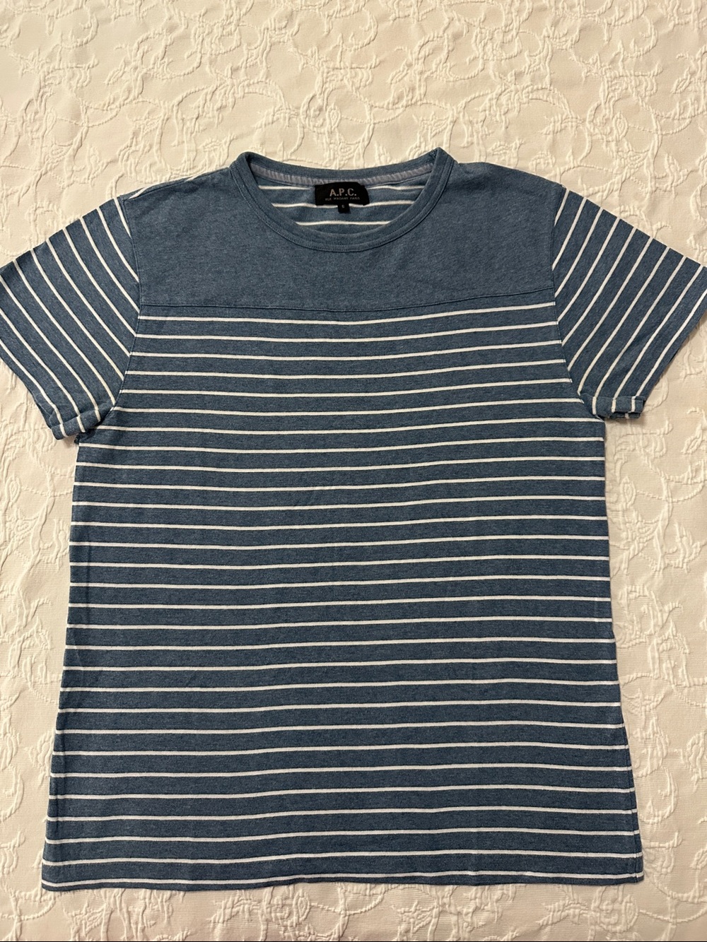 A.P.C. Navy and White Striped Short Sleeve Tee
